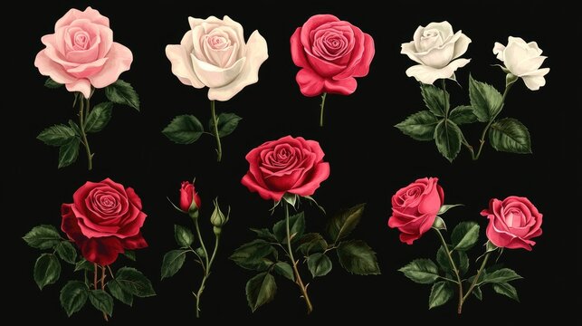 A beautiful assortment of pink, white, and red roses for romantic gestures or floral designs on a dark background.