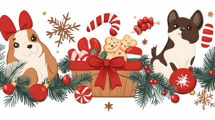 Obraz premium Christmas dogs, candies, gifts, seamless border, festive background, holiday card.