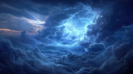 Obraz premium Dramatic thunderclouds over a turbulent ocean creating an atmospheric stormy scene with intense lighting and dark swirling clouds.