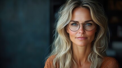 Fototapeta premium A mature executive assistant with glasses stands confidently in a studio, representing a professional businesswoman with a strong work ethic and dedication to her company's mission.