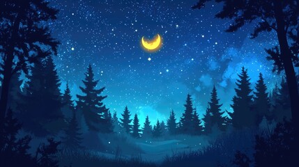 Naklejka premium Serene night sky with stars and galaxies above silhouetted trees and a crescent moon illuminating the dusk landscape.