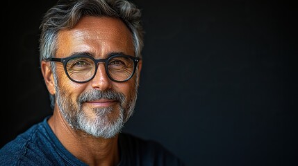 Obraz premium A mature man smiles happily in a studio, exuding a positive and confident attitude with a handsome face and a stylish appearance.