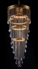 A majestic gold chandelier with multiple tiers of circular frames, each dripping with clear crystal beads. The luxurious glow radiates brilliantly against the deep black backdrop emphasizing grandeur.
