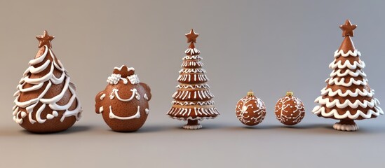 Gingerbread Christmas decorations featuring festive trees and ornaments on a neutral background. Perfect for holiday themes and baking concepts.