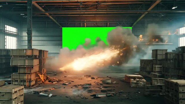 Shockwave Explosion in Industrial Warehouse with Debris &ndash; Intense Green Screen Overlay for Action Scenes, Movie Effects, or Explosive Transitions