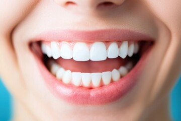 Obraz premium Dental oral maintenance concept. Joyful smiling face close-up bright background portrait photography positive vibes cheerful mood happiness