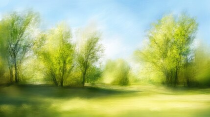 Obraz premium Soft focus spring landscape with vibrant greenery under a bright sunny sky ideal for nature and relaxation themes