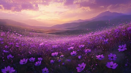 Naklejka premium tranquil meadow carpeted with vibrant purple flowers under a colorful sunset with distant mountains and gentle rolling hills in the background