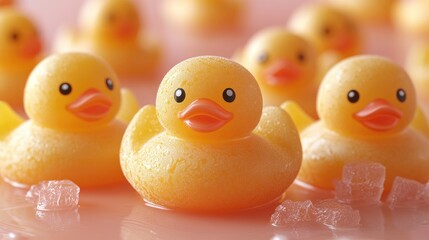 Yellow playful seamless pattern with cheerful rubber ducks on a soft pastel background for kids-themed designs and decorations.