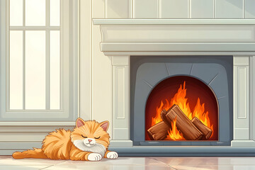 Cozy ginger cat napping by fireplace in sunlit room, winter warmth, home decor illustration.