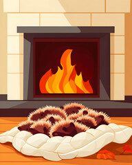 Cozy Hedgehog Family Napping by Fireplace, Autumn Interior, Warmth, Fall Decor, Hygge.