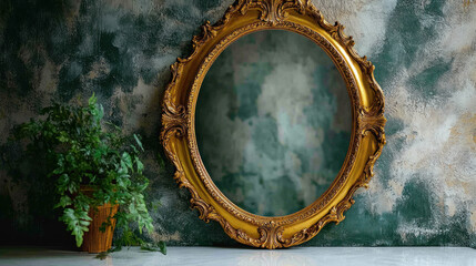 Antique gold oval mirror against a textured wall with a potted plant.