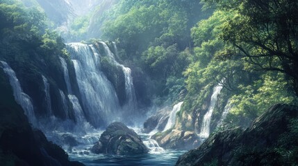 Serene side view of cascading waterfalls flowing through rocky formations in a lush green forest setting