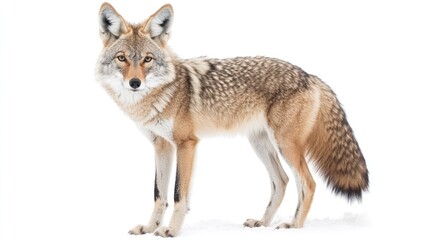 Fototapeta premium Coyote standing gracefully on a white background highlighting its natural beauty and unique features