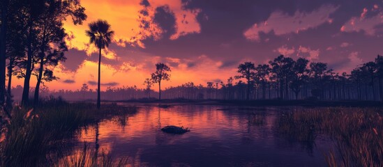 Obraz premium Tranquil sunset over a serene marshland reflecting vibrant colors and silhouetted trees in a natural wildlife reserve setting