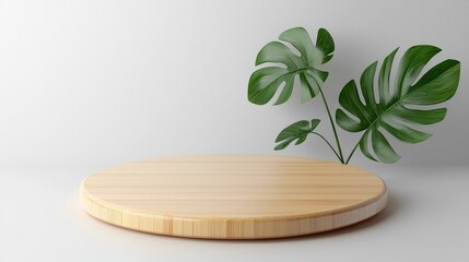 Showcasing elegant monstera plant on wooden display modern home decor minimalist style