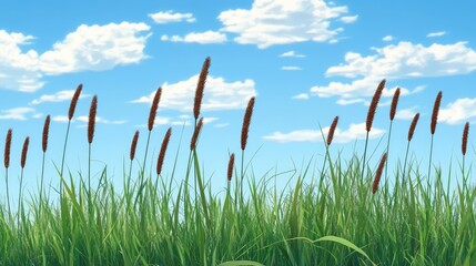 Lush tall grass and cattails swaying gently under a bright blue sky with fluffy clouds on a breezy day in a serene natural landscape.