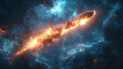 Obraz premium A meteor streaks through a galaxy in space, a dark universe background for adventure and exploration, a wallpaper design depicting a natural disaster in the cosmos.