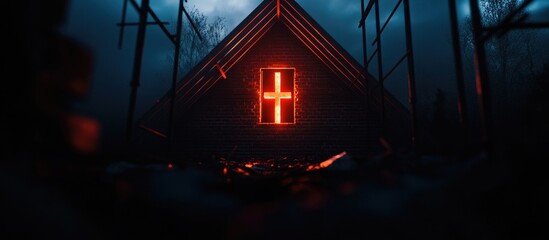 A-frame roof truss under construction featuring block walls, scaffolding, and a glowing cross in a dramatic atmosphere.