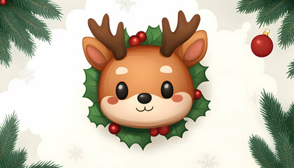 Cute Christmas Deer Holly Wreath Illustration, Festive Background, Holiday Card Design.