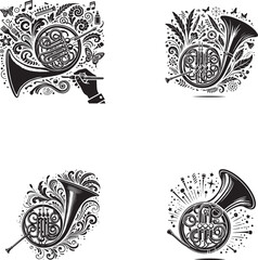 Ornate French Horn Silhouettes with Decorative Patterns