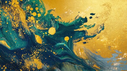 Abstract gold and teal textured background with vivid paint splashes and fluid patterns for creative designs and art projects