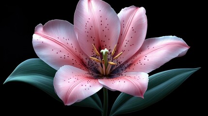 Fototapeta premium Delicate pink tulip flower on black background showcasing intricate petal patterns and lush green leaves for elegant floral designs.