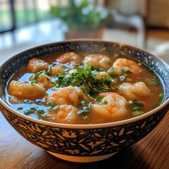 Dumplings and Soup in a Window-Lit Room, Natural Lighting, Cozy Tabletop Setting - Food Photography for Blogs, Websites, or Advertisements