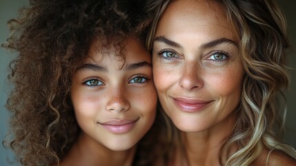 Fototapeta premium A mother and daughter hug and smile in a studio portrait, showing appreciation and support on Mother's Day.