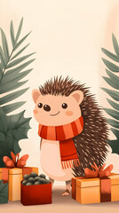 Fototapeta premium Cute hedgehog wearing scarf near gifts, tropical leaves background, Christmas card design.