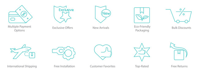 Multiple Payment Options, Exclusive Offers, New Arrivals, Eco-Friendly Packaging, Bulk Discounts, International Shipping, Free Installation, Customer Favorites, Top Rated, Free Returns Icon Set