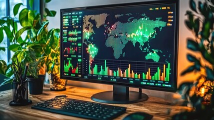 Global financial analysis dashboard modern office digital display indoor high-tech insights