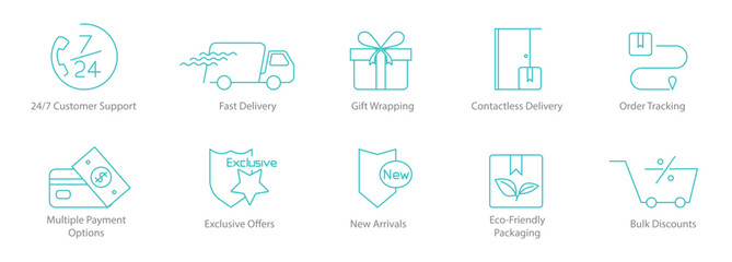 24x7 Customer Support, Free Delivery, Gift Wrapping, Contactless Delivery, Order Tracking, Multiple Payment Options, Exclusive Offers, New Arrivals, Eco-Friendly Packaging, Bulk Discounts Icon Set