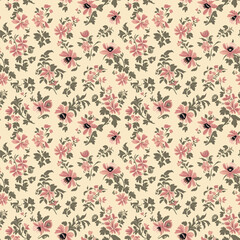 Vintage seamless floral pattern with intricate botanical elements in pink, green, and brown shades, creating a balanced, harmonious composition on a beige background, generative ai