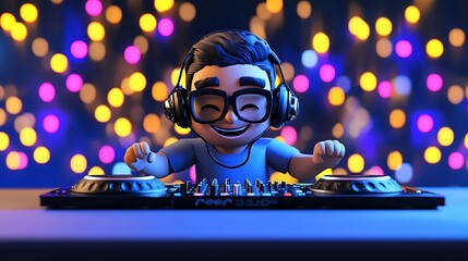Happy DJ Cartoon Character Mixing Music at Night Party