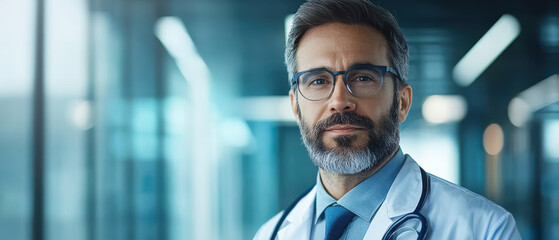 Fototapeta premium Norovirus outbreak concept and health themes, A confident doctor in a modern medical setting, wearing glasses and a stethoscope, exudes professionalism and expertise.