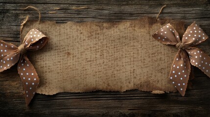 Vintage wooden background featuring aged paper and brown polka dot ribbons with bows ideal for rustic themed projects and creative designs