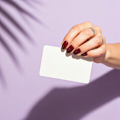 Women hand hold blank card id on light purple background, Featuring Subtle Textures, and Soft Shadows Against, copy space