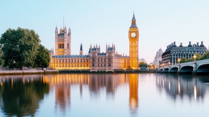 Fototapeta premium The Palace of Westminster and Big Ben illuminated at dusk with reflections on the calm River Thames in London.