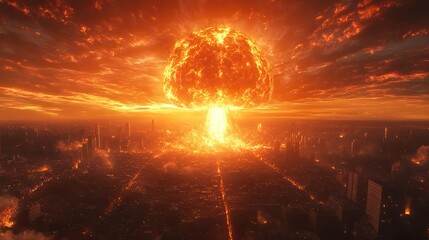 A mushroom cloud explodes in a city from a nuclear attack, representing destruction, fire, smoke, war, bomb impact, apocalypse, and burning.