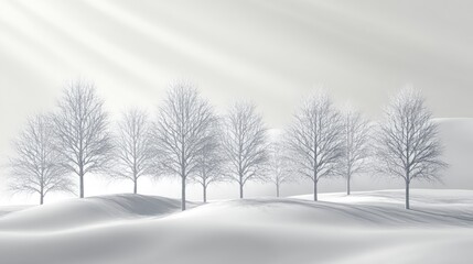 Snow-covered trees in a serene winter landscape on a mountain with soft light creating a tranquil and peaceful atmosphere