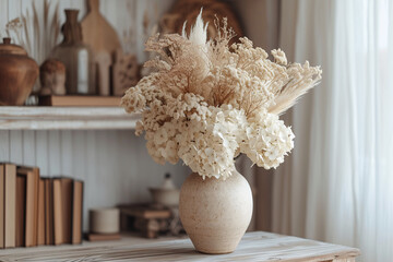 Boho Dried Flowers Still Life Clay Vase with copy Space