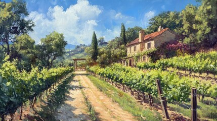 Naklejka premium Idyllic vineyard landscape with lush grapevines, rustic farmhouse, and vibrant blue sky in a peaceful garden setting.