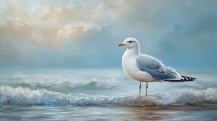 Obraz premium Seagull standing on the shoreline with gentle waves and a serene sky in the background during a calm seaside atmosphere.