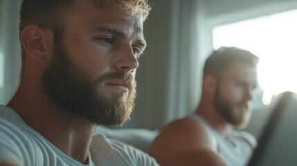 Fototapeta premium Two men with beards are sitting on a couch and looking at a laptop