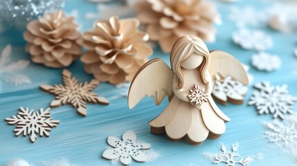 Fototapeta premium Handcrafted Christmas Angel Surrounded by Wooden Stars and Snowflakes on a Soft Blue Background Winter Holiday Decoration Concept