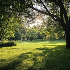 Obraz premium Exploring nature's tranquility serene park landscape outdoor environment morning light