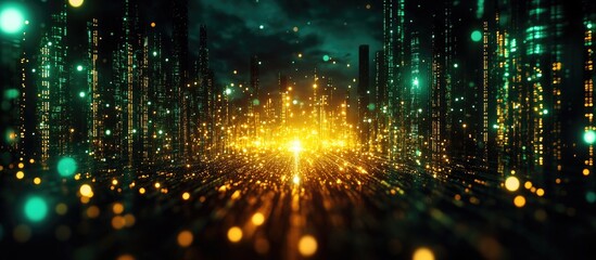 Futuristic cityscape with glowing data streams and digital interfaces representing global business and data processing concepts