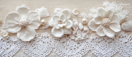 Handmade linen cotton crochet lace with white flower embellishments perfect for weddings birthdays and Mori Girl inspired celebrations