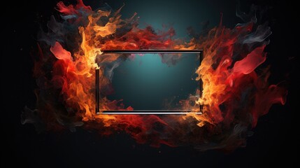 Vivid abstract frame surrounded by dynamic fiery smoke and vibrant colors on a dark background for creative visual effects and designs